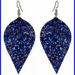 Blue sparkle leather earrings